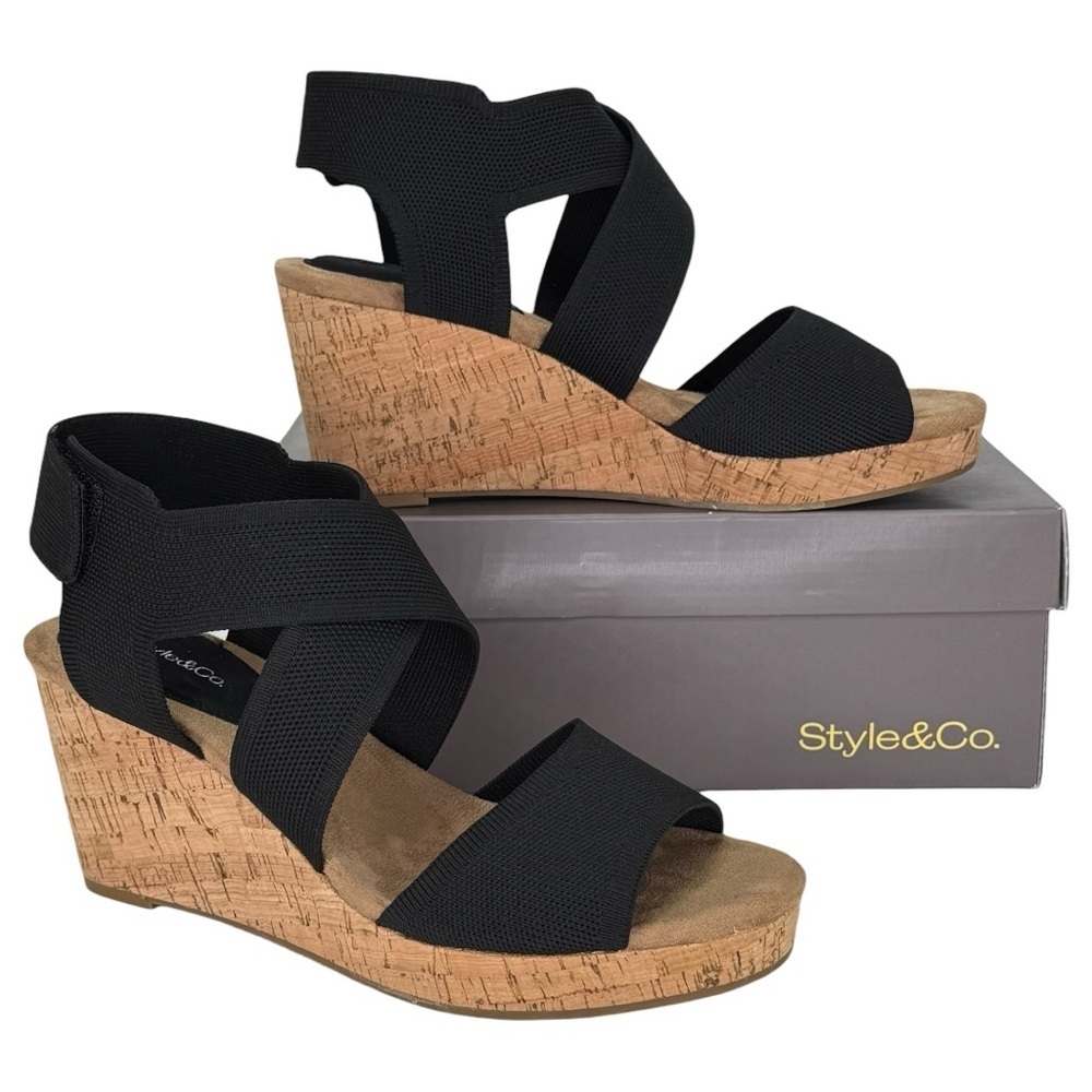 Style & Co. Sicilyy Black Cross Strap Cork Womens Wedge Sandals Size 10M - Picture 1 of 13